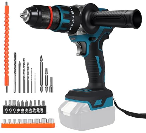 Taladro inalámbrico compatible con batería Makita de 18 V, taladro de impacto sin escobillas de 1350 RPM con embrague de 20+3, par de torsión de 120 N.m, portabrocas de 13 mm, destornillador y juego