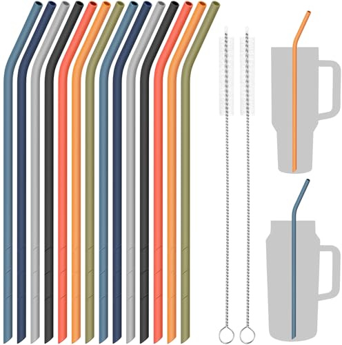 NiHome 14 Stück Silikon Strohhalme Wiederverwendbar für Stanley Tumbler - 35,5 cm Extra Lange Flexibel Zuschneidbare Trinkhalme für Große Wasserflaschen - mit 2 Reinigungsbürsten (Dunkler Morandi)