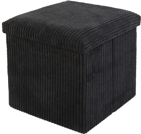 DANIEL JAMES Housewares Folding Ottoman Storage Cube – Compact Padded Footstool Storage Box Chest with Lid for Bedroom, Hallway, Living Room - Corduroy: Black