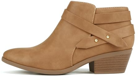 Soda SWEETEN Women's Fashion Closed Toe Multi Strap Ankle Bootie Block Heel (Tan Nubuck, medium numeric_10)