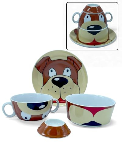 4 delar Bambino Collection Barnservis porslin frukost set | hundfigur motiv | tallrik + kopp + skål + ägghållare, tillverkad i EU
