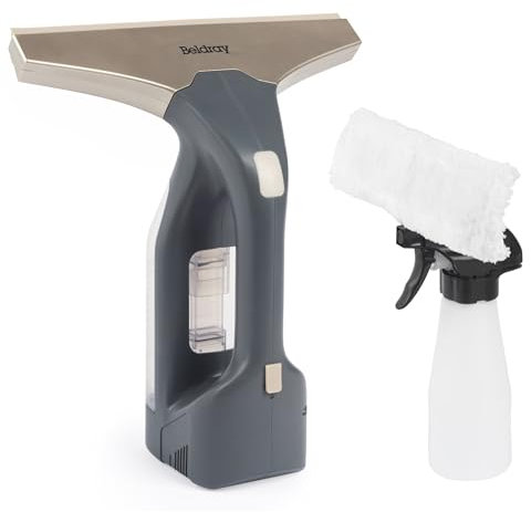 Beldray Cordless Window Vacuum + – Portatile e ricaricabile, pulizia di specchi e vetri, serbatoio dell'acqua rimovibile da 100 ml, include flacone spray e tampone per salviette, titanio, BEL01985VDE