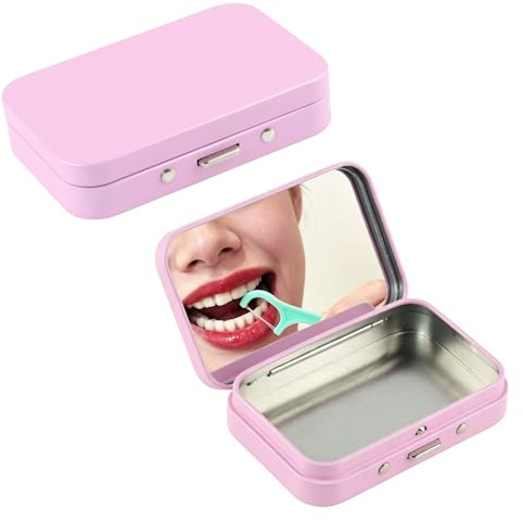 Vagocom 2Pack Portable Dental Floss Case with Mirror, Small Floss Pick Holder Reusable Floss Pick Box Floss Dispenser for Travel Purse Accessories(Pink)