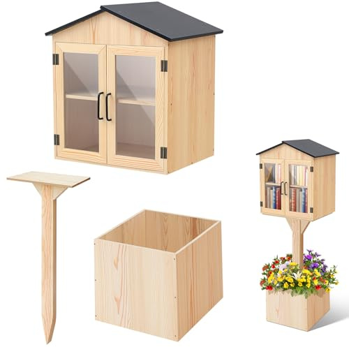 Wonderjune Little Library Box Outdoor, Durable Weatherproof Solid Wood Free Library Book Exchange Box with Floor Plugs and Small Flower Fence for Neighborhoods, Community and School