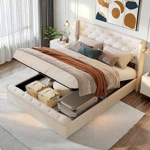 Lodera Cama doble 140 x 190 Beige con somier y lámpara de lectura, cama de 140 x 190 con somier de láminas, tapizado con función de carga y espacio de almacenamiento, terciopelo suave (140 x 190 cm)