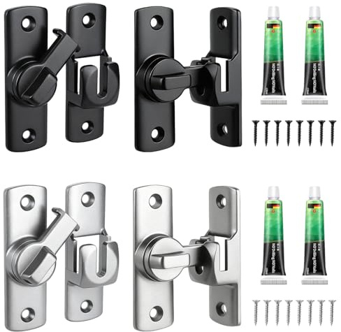 NINGYER 4 Pezzi Serratura per Porta Scorrevole, Chiusura Porta Scorrevole, 90°/180° Chiavistello Porta con 16 Viti e 4 Adesivi Senza Chiodi per Giardini, Porte, Finestre, Bagni (Nero, Argento)