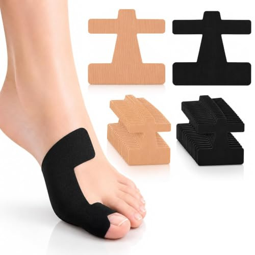 30 stycken Hallux Valgus tejp, förskurna – kinesiologitejp för att korrigera bolltår – 15 x hudfärger och 15 x svart – elastisk fysiotejp för tår och fötter, hudvänlig och tunn
