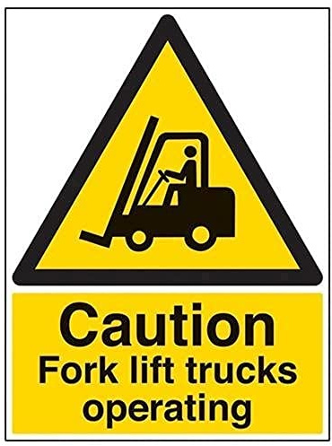 Vsafety Caution Fork Lift Trucks Operating Warning Sign - 450mm x 600mm - 2mm Rigid Plastic