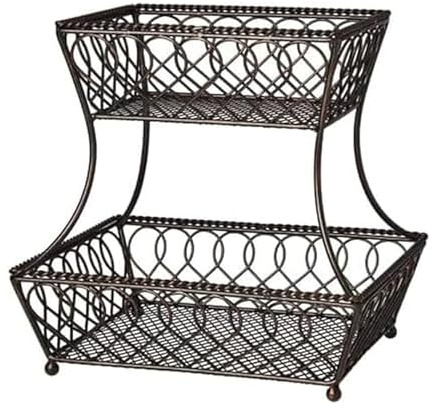 Gourmet Basics by Mikasa Loop and Lattice 2-Tier Rectangular Metal Countertop Basket, 14.25 x 12 Inches, Antique Black Finish, Kitchen Fruit and Bread Storage Organizer