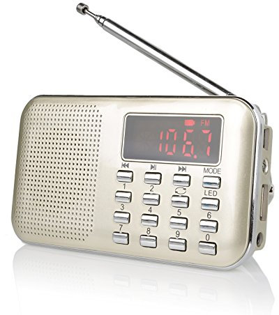 Raddy RF23 Small Portable Radio FM AM Pocket MP3 Player with Headphone Jack Battery Operated Loud Speak USB Rechargeable for Bathroom, Kitchen