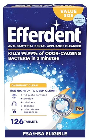 Efferdent Retainer Cleaning Tablets, Denture Cleaning Tablets for Dental Appliances, Overnight Whitening, 126 Count