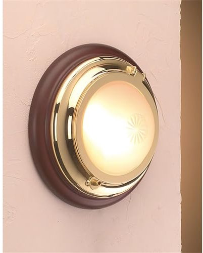 Licht-Erlebnisse LED Wandlampe Messing Holz Ø22cm Schiffslampe Bullauge Wandleuchte Flur Treppe Badezimmerlampe