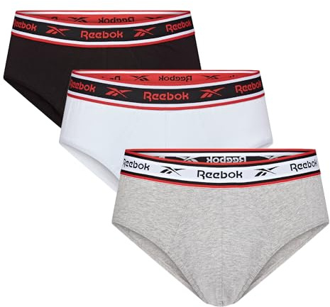 Reebok Chase Mens Briefs | Pack of 3 Sports Underpants, Breathable & Stretchable Cotton Underwear for Men | Multipack Mens Cotton Briefs | Sports Underwear for Men, Black/White/Grey, M