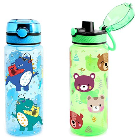 Home Tune 23oz Kids Water Drinking Bottle 2 Pack - BPA Free, Auto Push Button, Chug Lid, Carry Loop Lightweight, Spill-Proof Water Bottle with Cute Design For Girls & Boys - Dinosaur & Bear