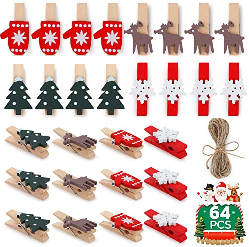 GeeRic Clips Photo en Bois de Noël, 60 Pcs Mini Pinces à Linge, Petites Pinces à Linge en Bois, Affichage d'image, Photo Décorative à Suspendre avec 2 Mètres de Ficelle