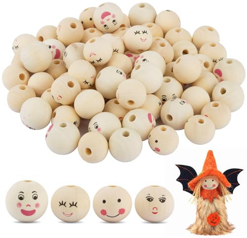 BOFUNX 80pcs Holzperlen mit Gesicht 20/22mm, 4 Stile Weihnachts Holzperlen Naturholzperlen für Weihnachts Zwerg, Weihnachtsengel, DIY Puppenköpfe, Handwerk Glückswürmchen Sorgenwurm