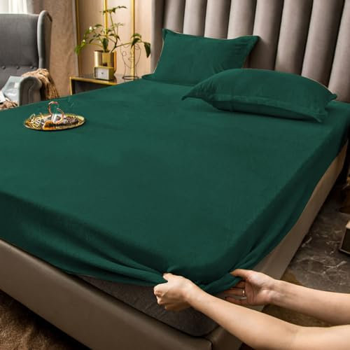 Tospass Flanell Spannbettlaken 140x200cm Flauschige Plüsch Warme Fleece Biber Samt Cashmere Touch Winter Spannbetttuch Kuschelig Bettlaken für Boxspringbett Topper Matratze bis 30cm Hohe Dunkelgrün