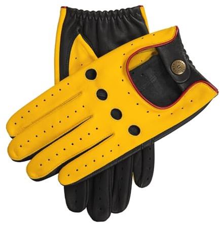 Dents Mens Grand Prix Touchscreen Leather Driving Gloves - Yellow/Black/Red - Large