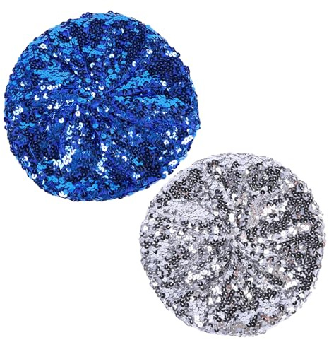 EUPSIIU 2 Pcs Women Sparkly Sequins Beret Hat, Flash Sequined Headdress Shining Beanie Cap Dancing Hat Festival Party Club, Fun Costume Stretch Mermaid Dancing Cap, One Size (Blue, Silver)