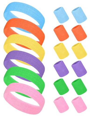 Zuimei 18PCS Sports Headband Wristbands, Sweat Bands Absorbent for Gym Sports Football Soccer, 80s Headband and Wrist Sweatbands for Girls Ladies Boys, Color 1