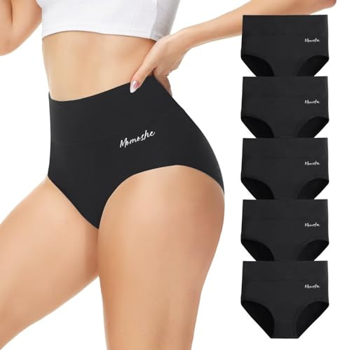 Momoshe Culotte Femme Coton Taille Haute Lot de 5 Elasticité Ventre Plat Post Accouchement Gainante Slip Shorts Femmes Extensibles Doux Décontracté Shorty Noir XL