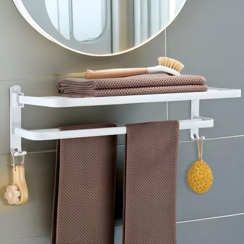 yozhch Weißer Handtuchhalter Ohne Bohren, Selbstklebender Badetuchhalter, 90° Klappbarer Handtuchstange mit Ablage, Wandmontage Doppelt Handtuchhalt für Badezimmer (58 cm)