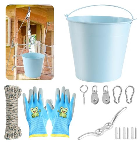 EclipseGuard Flaschenzug Kinder Baumhaus, 13 PCS Spielturm Zubehör Gartenspielzeug für Kinder, Zubehör fürs Baumhaus Spielturm, Riemenscheibe mit Eimerkabel Spielzeug für Kinder ab 3 Jahren