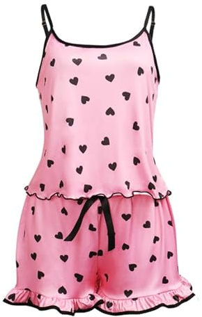 Satohom Mujer Conjuntos Pijama Estampado en Forma de Corazón de Seda Helada 2 Piezas, Sexy Verano Satén Sin Mangas Camisolas y Pantalón Corto Ropa de Dormir Ropa de Descanso de Salón Suave