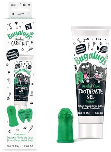 Bugalugs Dental Care Kit for Dogs & Cats Toothpaste Gel (75g) Silicone Finger Toothbrush for Dogs, Puppy, Cat & Kitten Essentials, Breath Freshener, Plaque & Tartar Remover, Cleaning Treatment