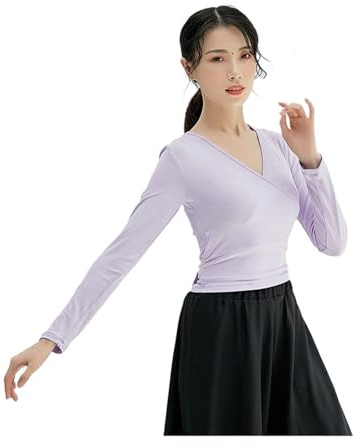 Top A Fascia Per La Danza Classica Top da donna in cotone e spandex a maniche lunghe con scollo a V, basic, tinta unita, slim fit, t-shirt avvolgente, for danza classica, coprispalle, camicetta, prati