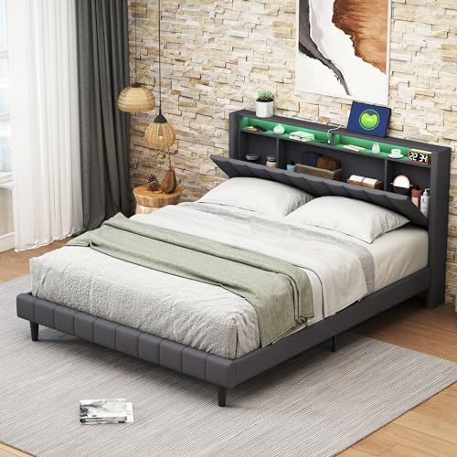 DGCZYXGL - Marco de Cama Doble 140 x 200 cm Con Somier, Almacenamiento, USB Recargable e Iluminación LED, Cabecera Con Almacenamiento, Material de Lino