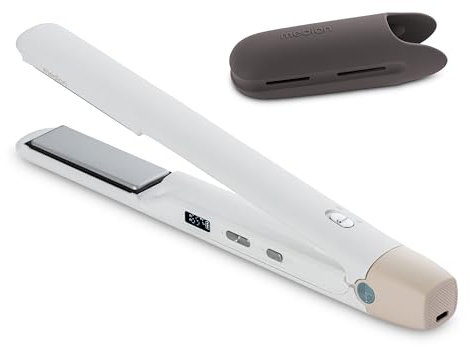 MEDION Glätteisen HS2 (kabellos, Display, 5 regelbare Hitzestufen, 165° bis 210°, breite flexible Keramik - Turmalin Heizplatten, Silikon Schutzhülle, Temperatursensor, Haarglätter) weiß