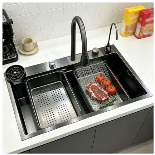 KOOGIDDR 85 × 45 cm diskbänk i rostfritt stål svartgrå diskbänk rektangulär vattenfall diskbänk 1 handfat installation ovanifrån med kranset, handfat komplett set med glasbricka