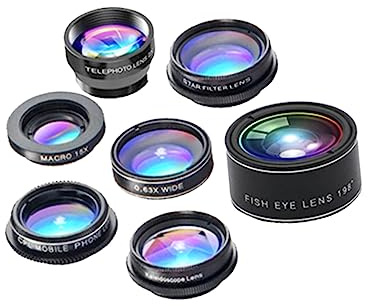 GRIRIW Kit Obiettivi per Smartphone 7 in 1 Fisheye 198° Macro 15X Grandangolare 0,63X Teleconvertitore 2X in Alluminio Accessori per Fotocamera Mobile e Telefono