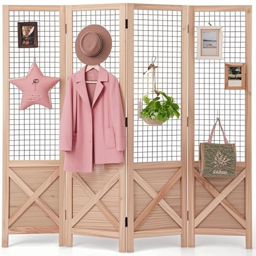 LIFEZEAL Separè a 4 Pannelli, Telaio in Legno Massello, Rete Metallica per Appendere, Montato, Decorativo, Divisorio Interno, Paravento Pieghevole, Parete Divisoria, Separatore di Spazio, Byobu