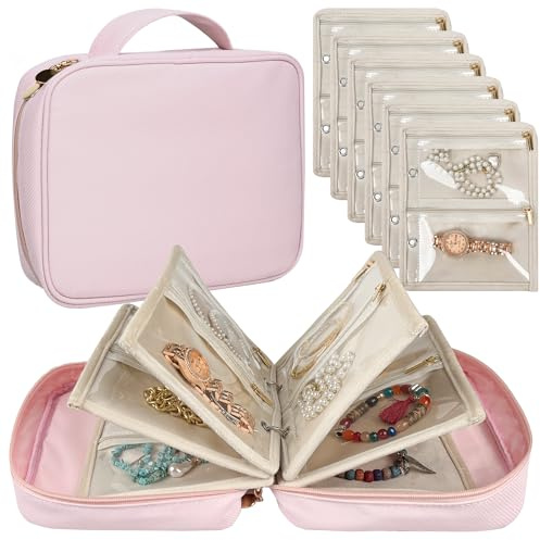 LingLingo Travel Jewelry Organizer Case,Small Jewelry Bags for Traveling, Jewelry Binder with 24 Pcs Clear Zipper Velvet Pouches (Pink)