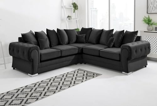 Sofahub Verona Black Plush Velvet Corner Sofa with Foam Cushions | Plush 2C2 Fabric Corner Couch | Comfortable 5 Seater Sofa With Scatterback Cushions for Living Room | Settee Sets | Sofas & Couches