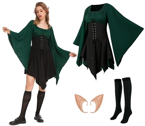 AFJIODUV Costume medievale da donna, abito tradizionale irlandese, rinascimentale, da donna, con orecchie e calzini sopra il ginocchio, abiti vittoriani per Halloween, carnevale, cosplay (nero, L)