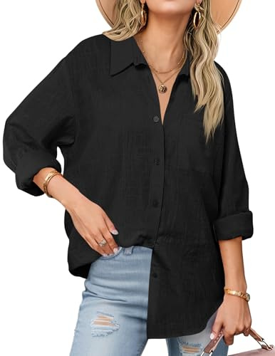 Cicy Bell Camicette da donna oversize con scollo a V, camicia a maniche lunghe, magliette larghe tinta unita in cotone con bottoni, top casual, Nero , M