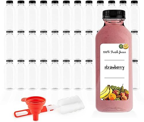 Juice Bottles with Caps for Juicing & Smoothies, Reusable Clear Empty Plastic Bottles with Caps, 16 Ounce Drink Containers for Mini Fridge, Juicer Shots, Small Water Bottles Bulk 16 oz (35 Pack)
