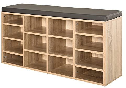 HOMCOM Multi-Storage Shoe Rack w/ 14 Compartments Cushion Moving Shelves Solid Frame Foot Pads Home Office Tidy Organisation Boots Trainers Brown