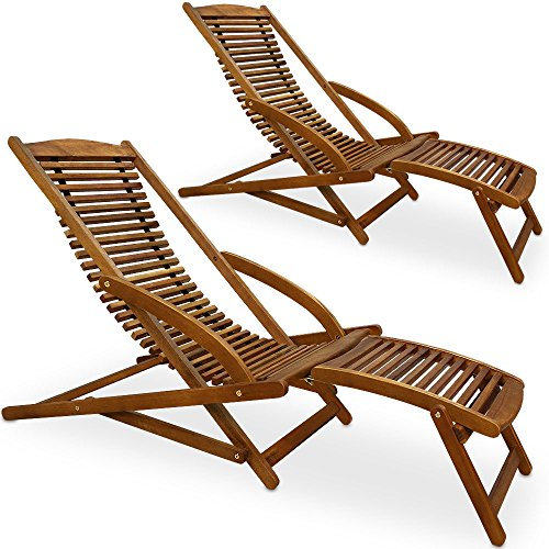 Casaria® 2X Chaises Longues en Bois d'acacia Bain de Soleil Ergonomique avec Appui tête Transat Jardin Repose Pieds Amovible