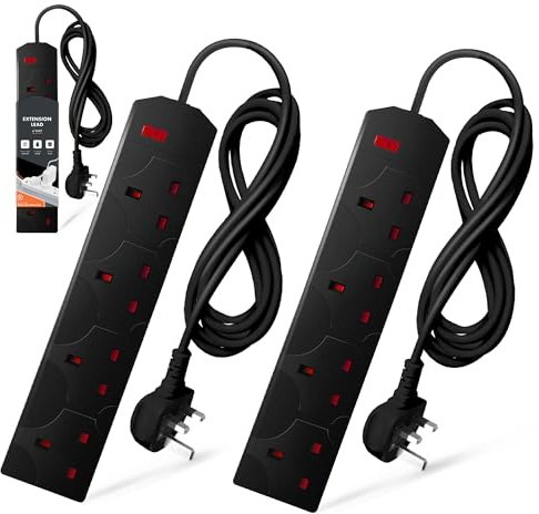 Wolf Power 4 Way Extension Lead, 2 Metre Extension Cable with UK 3 Pin Plug, Multi Socket Power Strip, Wall Mountable, Suitable for Home, Office & Appliances (Black, 2 Pack)