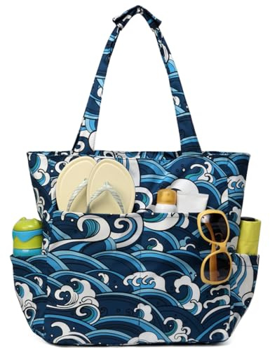 Kasgo Medium Beach Bags for Women with Zip, 22L Holiday Tote Bag Blue Wave | Sandproof, Water-Resistant, Double-Layer 600D Fabric, Easy-Shake Lining, Hidden Back Zip Pocket, Foldable, for Pool Cruise