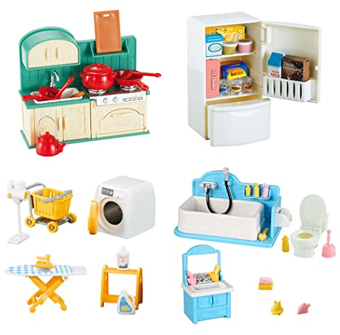 TAKIHON Dollhouse Furniture, Kitchen & Bathroom Toy Set,Fridge Washing Machine Set for Kids,Dollhouse Miniature Accessories,Educational Pretend Play Toys for Toddler,Boys & Girls