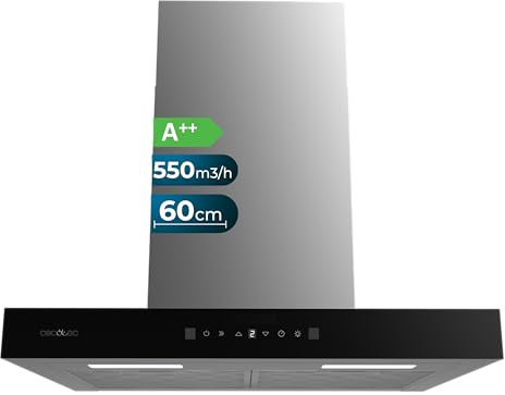Cecotec Cappa Aspirante 60 cm Flux TT 605500 Glass Black A++. 70W, Finitura Frontale Vetro Nero, Basso Consumo Energetico, Aspirazione 550M3/H, Touch Control, 3 Livelli, Booster, Led, Filtro Carbone
