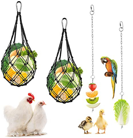 Huhn Gemüse Spieß Gemüse Hängende Feeder Spielzeug Huhn Obst Feeder Huhn Gemüse Schnur Tasche Geflügel Obsthalter Huhn Kohl Futterspender (2 Spieße + 2 Schwarze Beutel)