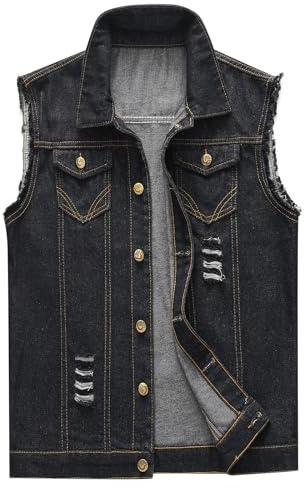 KUDORO Mens Denim Gilet Casual Jeans Vest Ripped Cowboy Waistcoat Metal Buttons Sleeveless Vest Jacket