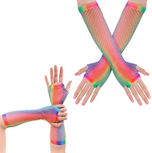 2 Paar Netzhandschuhe Regenbogenfarben Damen Fingerlose Handschuhe Lang Kurz Netzhandschuhe 80er-Jahre Retro Party Disco Maskerade Kostüm Zubehör
