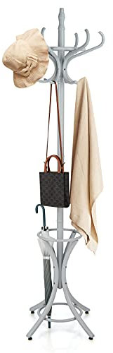 COSTWAY 184cm Garderobenständer mit Schirmhalter, Jackenständer mit 12 Kleiderhaken, Kleiderständer aus Holz, Garderobe Standgarderobe für Flur, Wohnzimmer und Schlafzimmer (Grau)